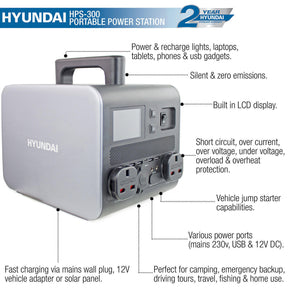 Hyundai HPS-300 Portable Power Station & Protective Carry/Shoulder Bag & 60W Portable & Foldable Solar Charger | HPS-300+CBB5830-1+H60