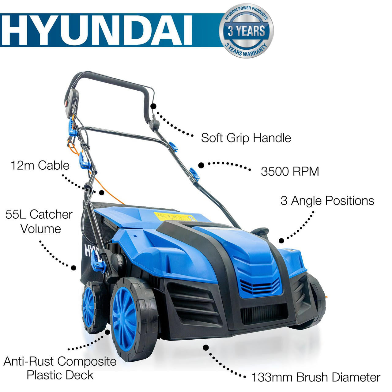 Hyundai Artificial Grass Sweeper 2000W 16” / 40cm, Multi-Use Brush & 55L Collection Bag | HYSW2000E