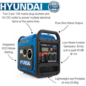 Hyundai 2200W / 2.2kW Petrol Inverter Generator, Pure Sine Wave Output, Lightweight, Quiet Running | HY2250Si