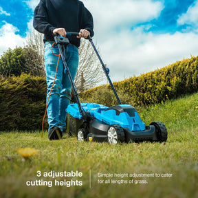 Hyundai 33cm 1300W Electric Lawn Mower, 11m Detachable Power Cable, 3 Heights & 30L Collection Bag | HYM3313E