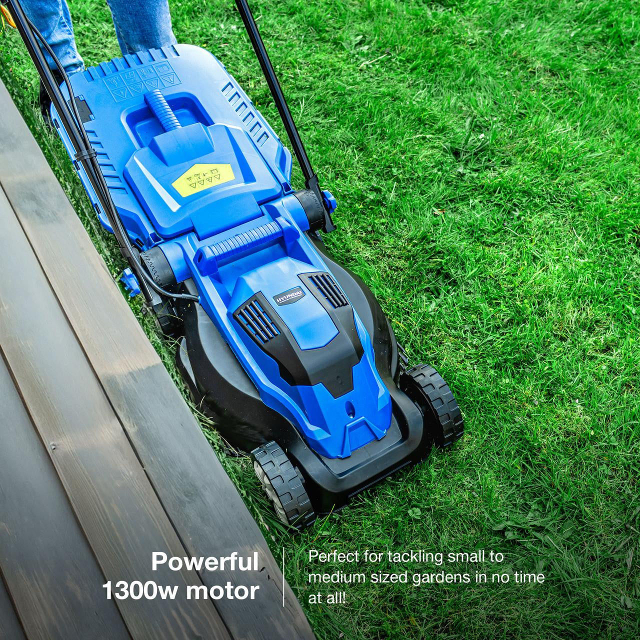 Hyundai 33cm 1300W Electric Lawn Mower, 11m Detachable Power Cable, 3 Heights & 30L Collection Bag | HYM3313E