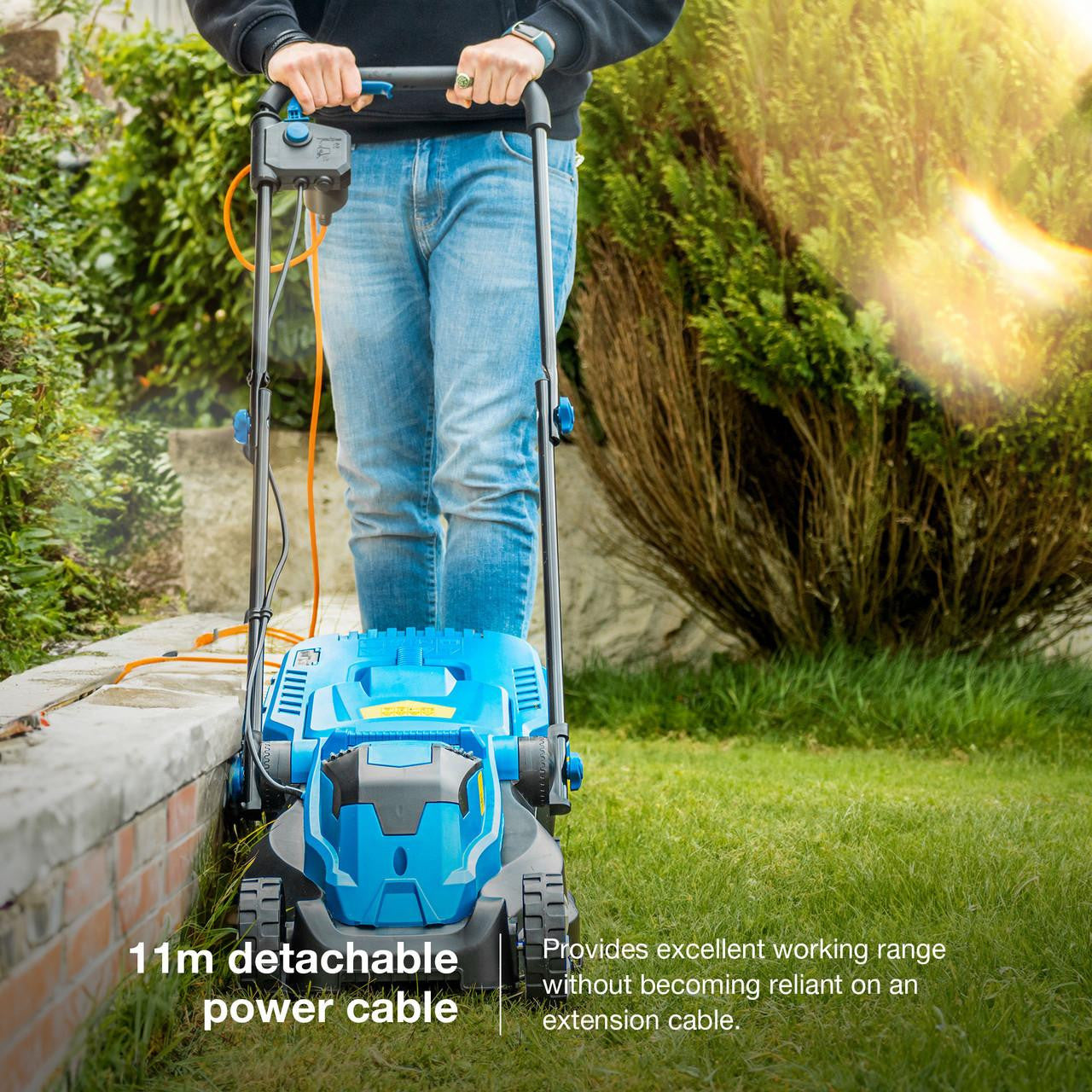 Hyundai 33cm 1300W Electric Lawn Mower, 11m Detachable Power Cable, 3 Heights & 30L Collection Bag | HYM3313E