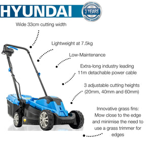 Hyundai 33cm 1300W Electric Lawn Mower, 11m Detachable Power Cable, 3 Heights & 30L Collection Bag | HYM3313E