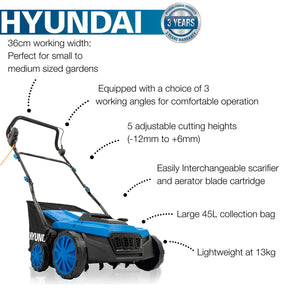 Hyundai 14” / 36cm 2 - in - 1 1600W Electric Lawn Scarifier and Aerator with 45L Collection Bag | HYSC1600E
