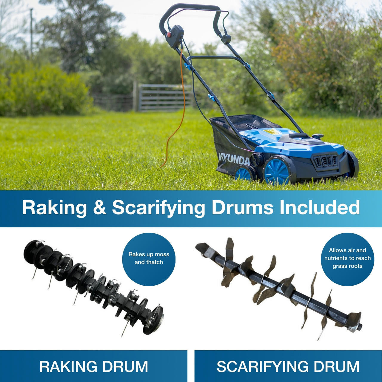 Hyundai 14” / 36cm 2 - in - 1 1600W Electric Lawn Scarifier and Aerator with 45L Collection Bag | HYSC1600E
