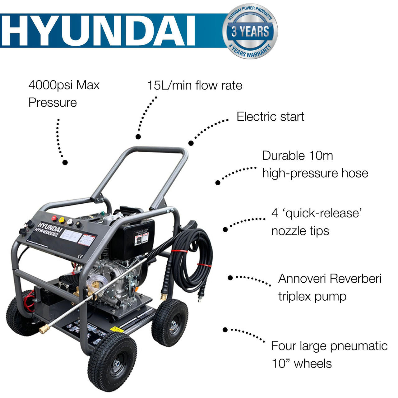 Hyundai 4000psi / 275 bar Diesel Pressure Washer, Annovi Reverberi Triplex Pump, 13L/min with 10m Hose | HYW4000DE2