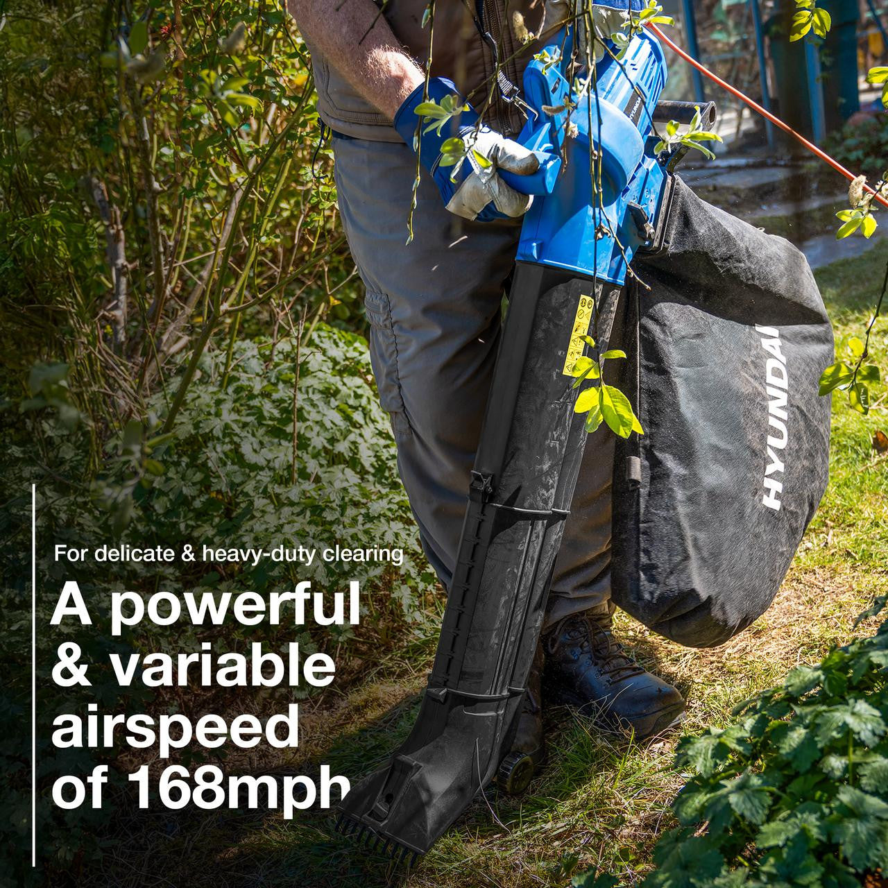 Hyundai 3000w 3-in-1 Leaf Blower, Vacuum, Shredder, 6-Speed, 45L Large Collection Bag, Long 12m Cable | HYBV3000E2