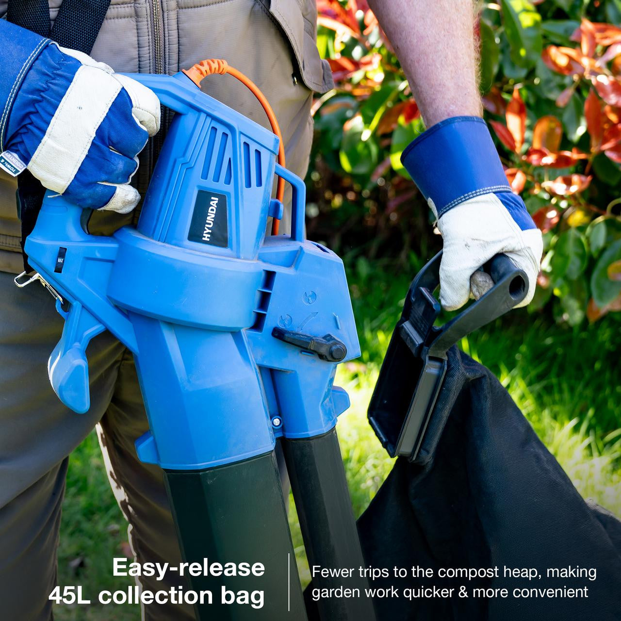 Hyundai 3000w 3-in-1 Leaf Blower, Vacuum, Shredder, 6-Speed, 45L Large Collection Bag, Long 12m Cable | HYBV3000E2