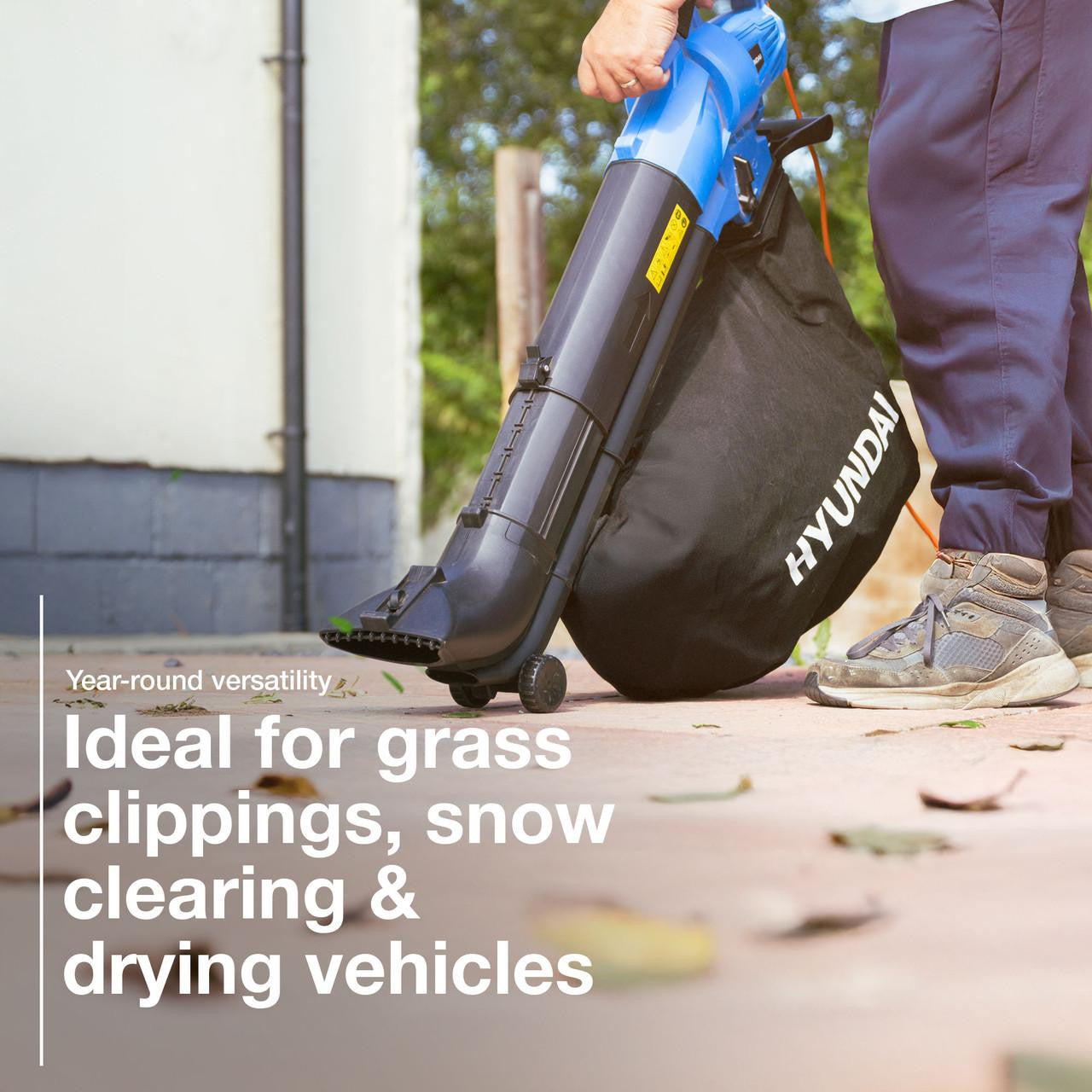 Hyundai 3000w 3-in-1 Leaf Blower, Vacuum, Shredder, 6-Speed, 45L Large Collection Bag, Long 12m Cable | HYBV3000E2