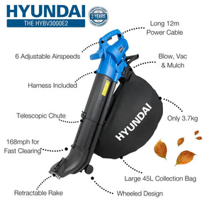 Hyundai 3000w 3-in-1 Leaf Blower, Vacuum, Shredder, 6-Speed, 45L Large Collection Bag, Long 12m Cable | HYBV3000E2