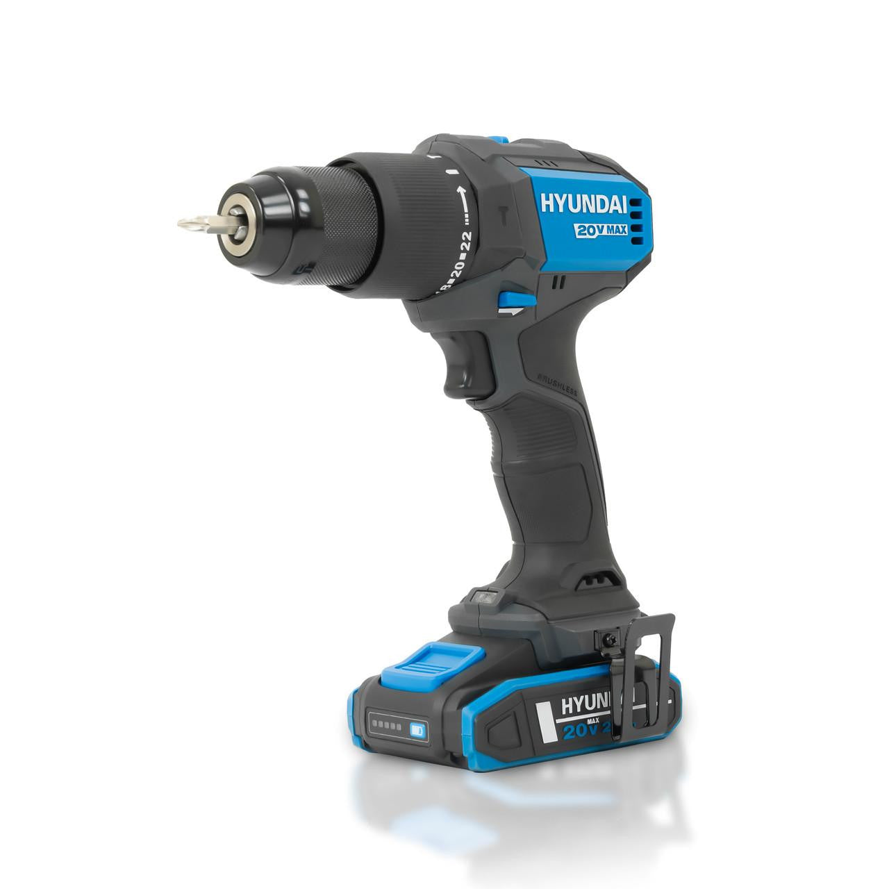 Hyundai 20V Cordless 65Nm Hammer Drill and 230Nm Impact Driver Brushless Kit, 2x 2.0Ah Li-ion Batteries and 2A Charger  | S01-T2B