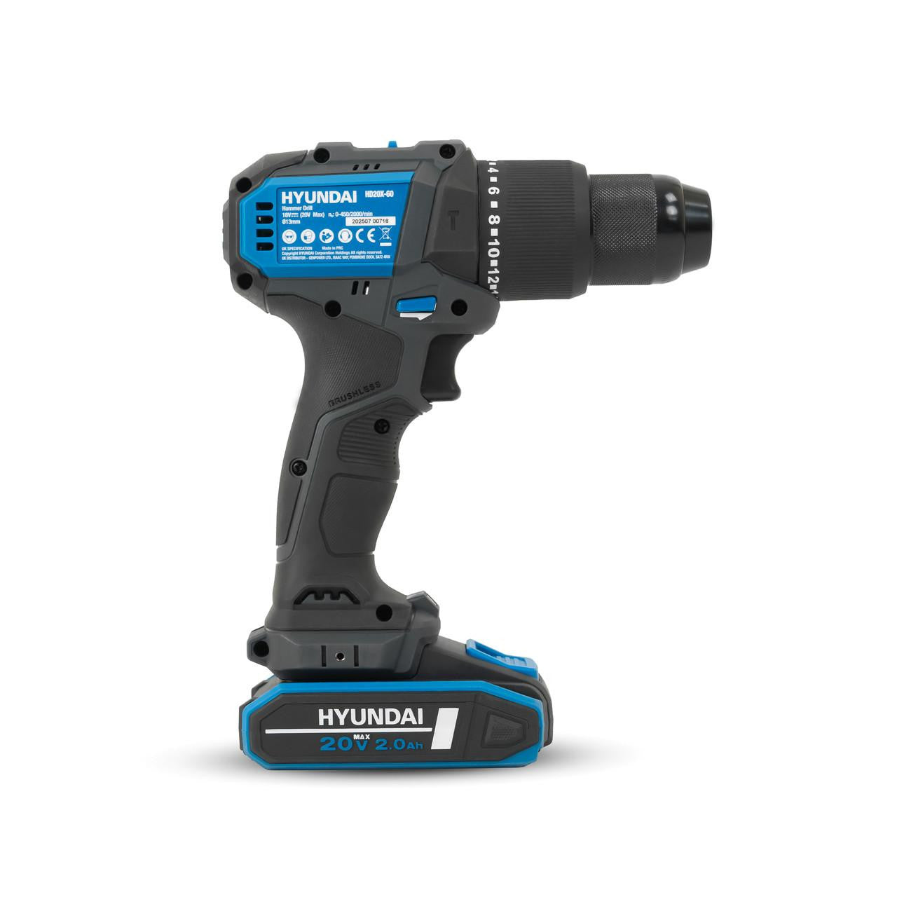 Hyundai 20V Cordless Hammer Drill 60Nm and Angle Grinder 115mm Brushless Kit, inc. 2.0Ah and 4.0Ah Li-ion Battery and 2A Charger  | S02-FTB