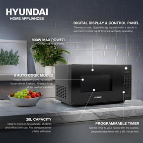 Hyundai 800W 20L Black Microwave, Stainless Steel, 11 Power Levels, Auto Defrost, 6 Auto Cook and Defrost Modes | HYMW80020