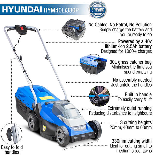 Hyundai 12.6'' / 32cm 40V Cordless Lawnmower Rear Roller 2.5Ah Li-Ion Battery Powered | HYM40LI330P