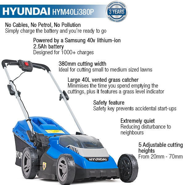 Hyundai 15'' / 38cm 40v Cordless Roller Lawnmower 2.5Ah Li-Ion Battery Battery | HYM40LI380P