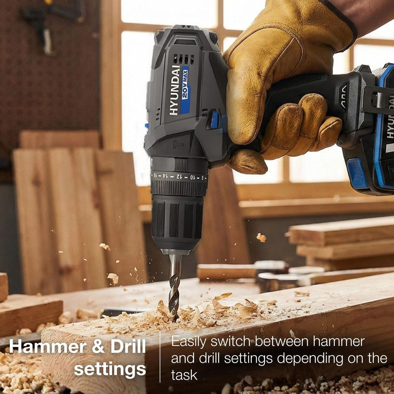 Hyundai 20V 50Nm Cordless Hammer Drill, 2-Speed, 13 mm Chuck LED Light | HD20S-50