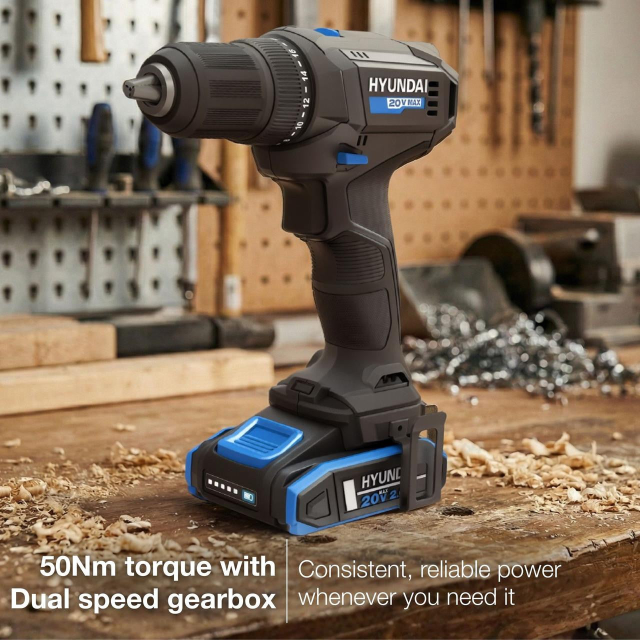 Hyundai 20V 50Nm Cordless Hammer Drill, 2-Speed, 13 mm Chuck LED Light | HD20S-50