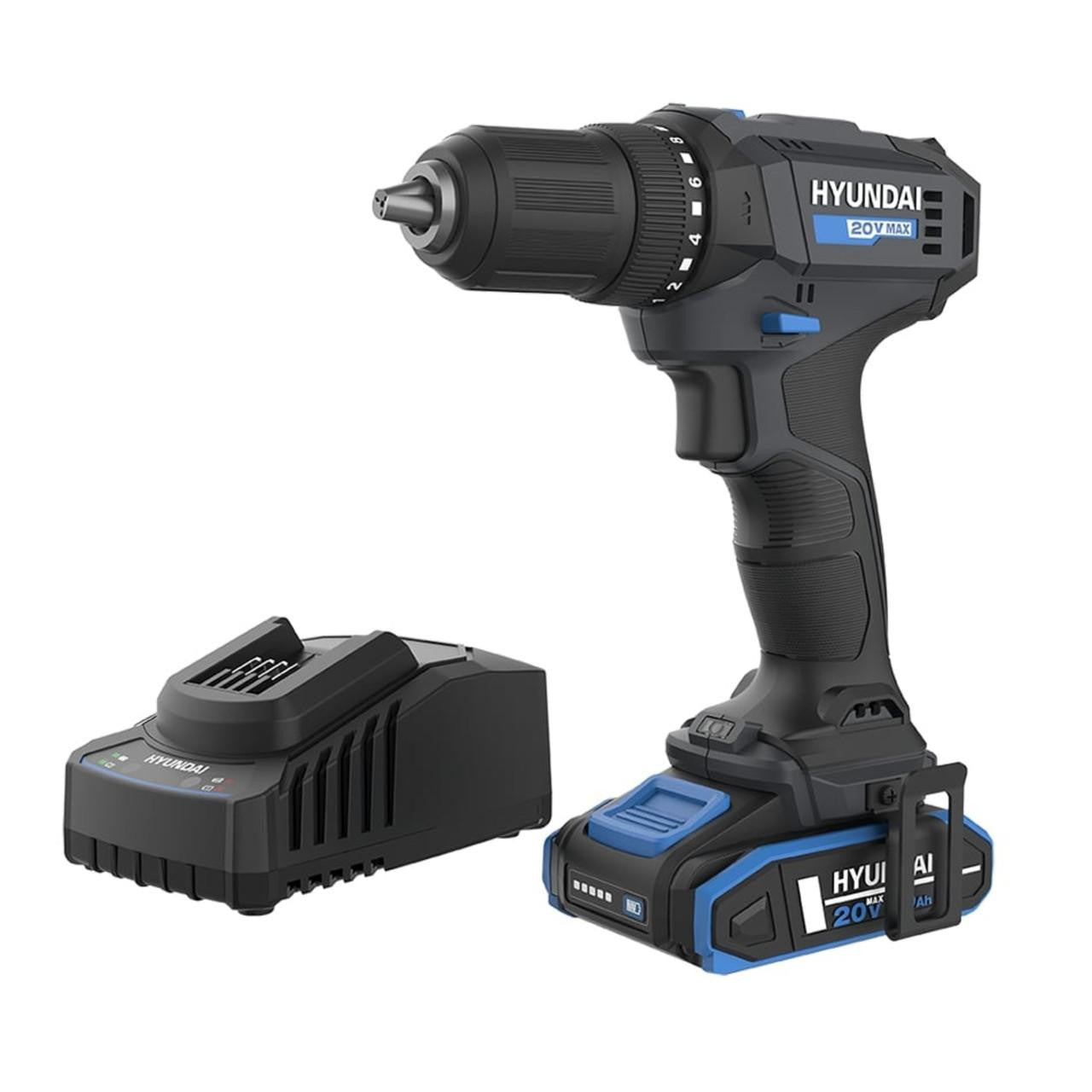 Hyundai 20V 40Nm Cordless Driver Drill, 2Ah Battery and Charger, 2-Speed, LED Light, 13 mm Chuck | DD20S-40TT EU