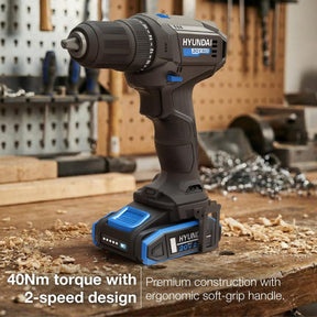 Hyundai 20V 40Nm Cordless Driver Drill, 2Ah Battery and Charger, 2-Speed, LED Light, 13 mm Chuck | DD20S-40TT