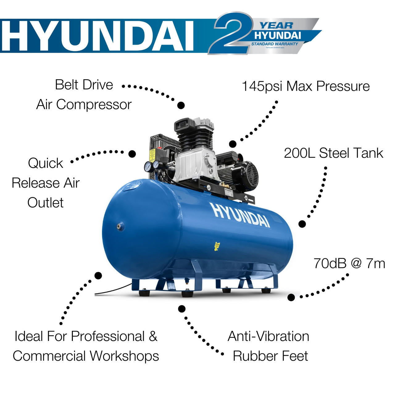 Hyundai 3hp 200L Electric Air Compressor 14CFM 145psi Belt Drive | HY3200SX