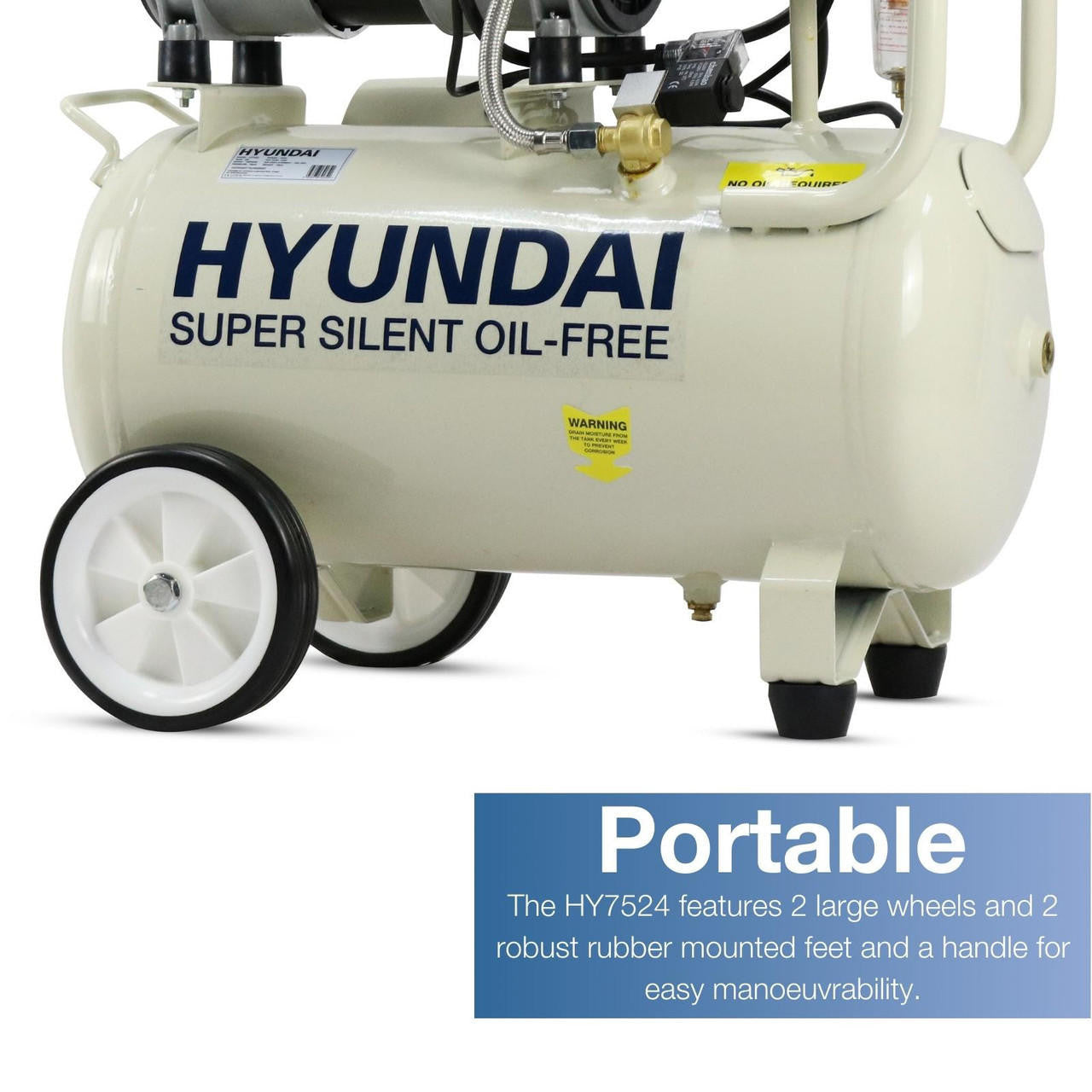 Hyundai 750W / 1HP 24L Oil Free Low Noise Portable Air Compressor 5.2CFM 118psi Direct Drive | HY7524X