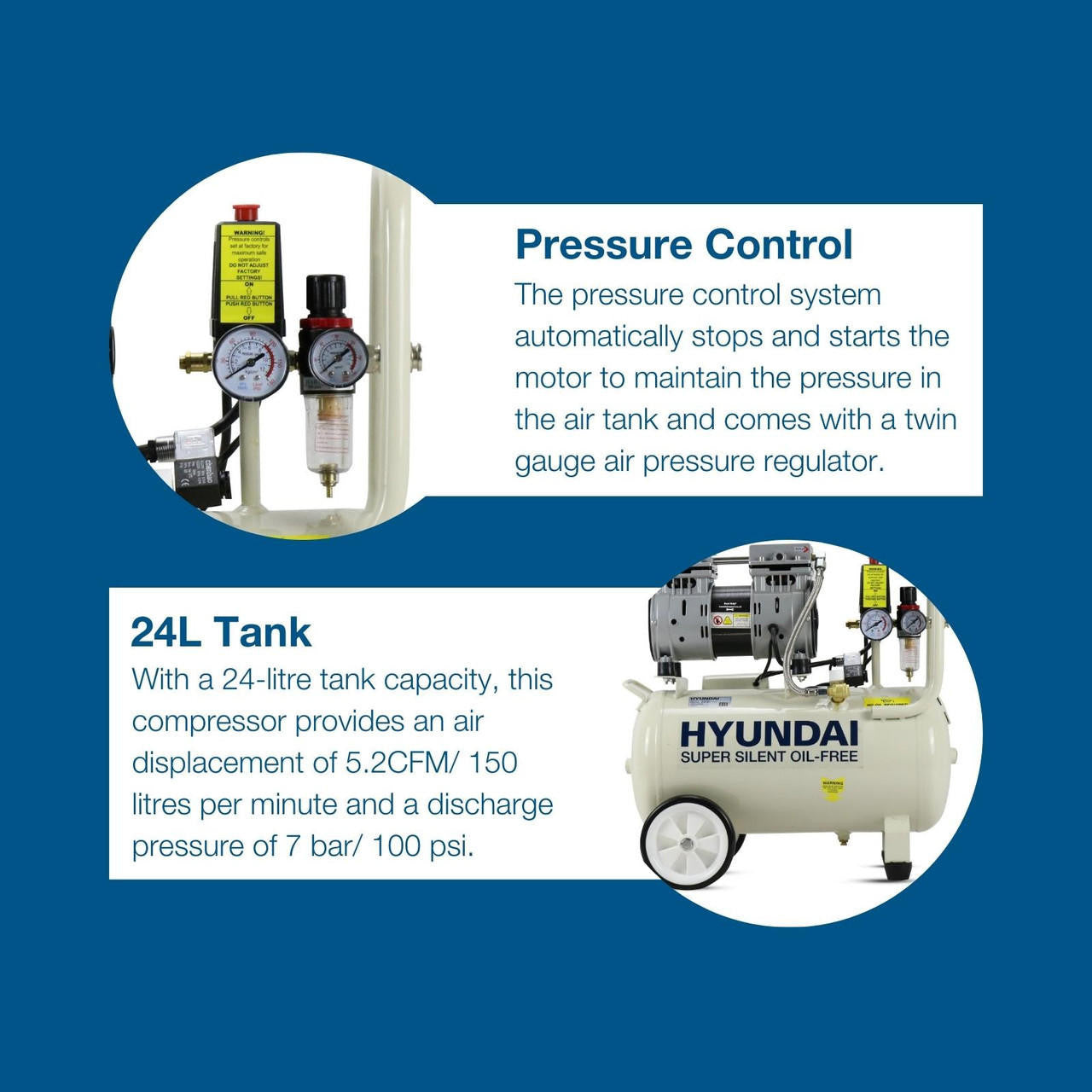 Hyundai 750W / 1HP 24L Oil Free Low Noise Portable Air Compressor 5.2CFM 118psi Direct Drive | HY7524X