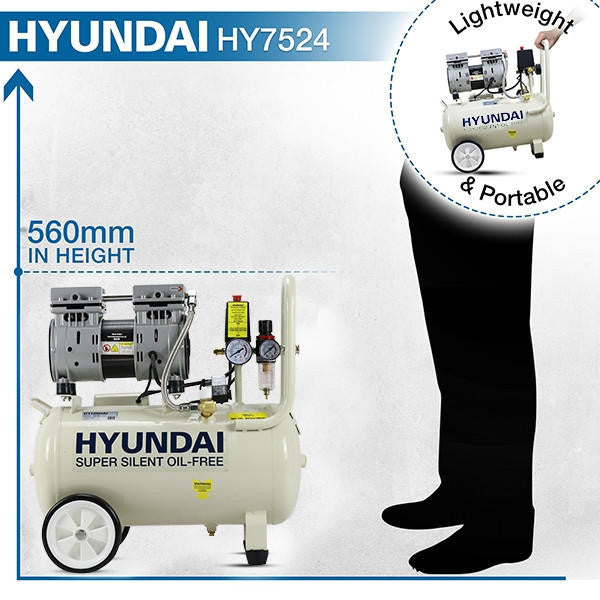 Hyundai 750W / 1HP 24L Oil Free Low Noise Portable Air Compressor 5.2CFM 118psi Direct Drive | HY7524X