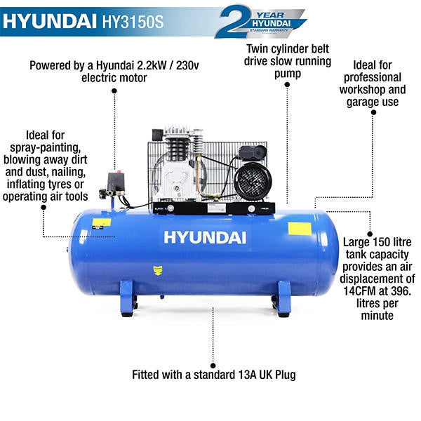 Hyundai 3hp 150L Low Noise Air Compressor 14CFM 145psi Twin Cylinder Belt Drive | HY3150SX