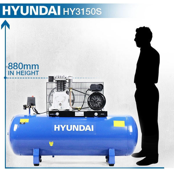 Hyundai 3hp 150L Low Noise Air Compressor 14CFM 145psi Twin Cylinder Belt Drive | HY3150SX
