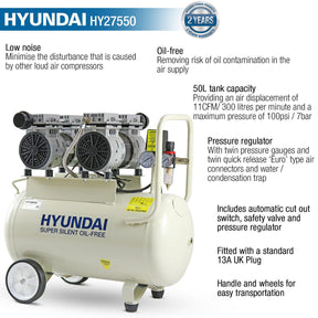 Hyundai 1500W / 2HP 50L Oil Free Low Noise Portable Electric Air Compressor 11CFM 118psi | HY27550X