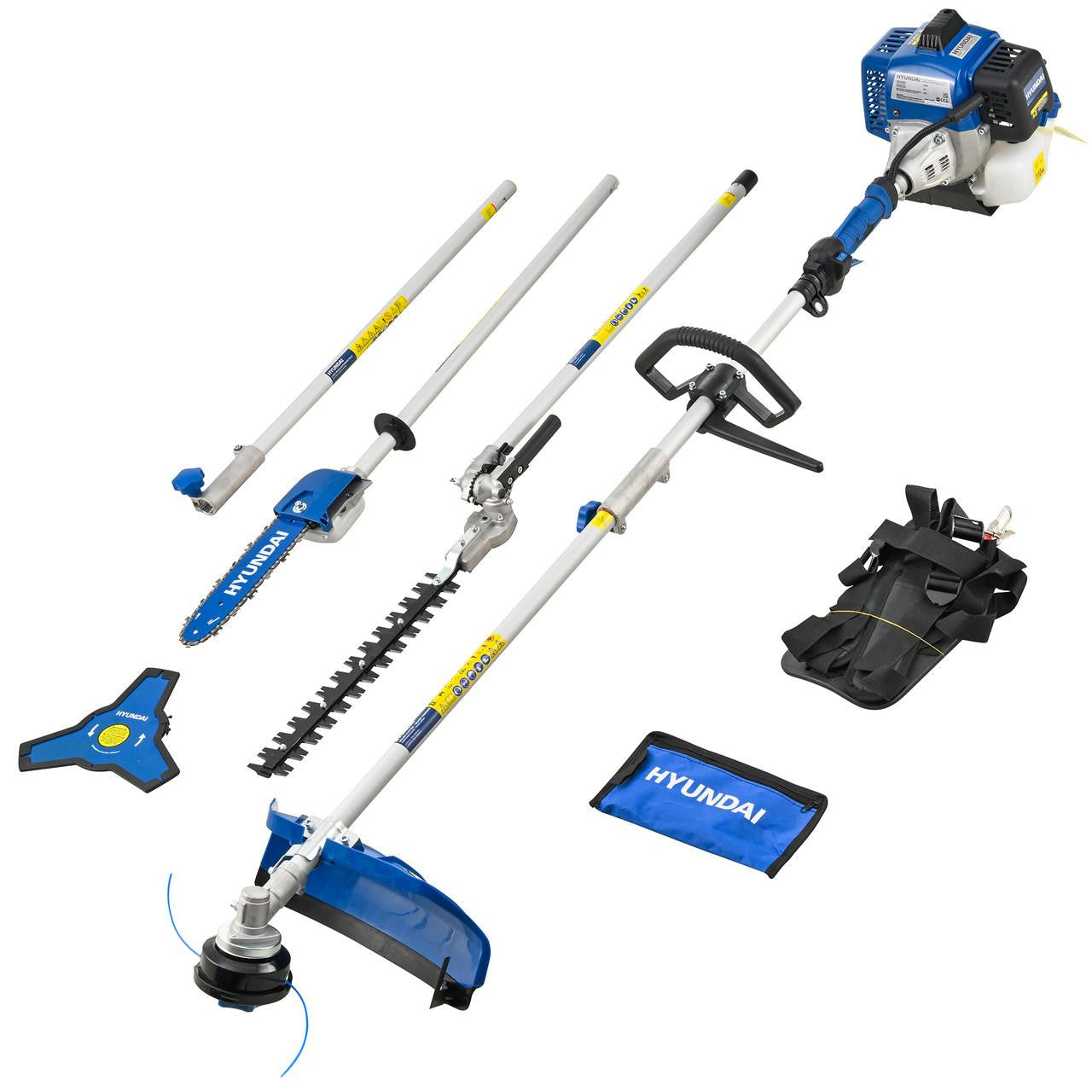 Hyundai 56cc Petrol Garden Multi Tool, 5-in-1 — Grass Trimmer, Brushcutter, Long Reach Hedge Trimmer & Pole Saw | HYMT5600X