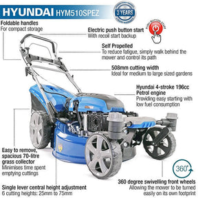 Hyundai 20" / 51cm 196cc 3-in-1 Self-Propelled Lawnmower, Easy Turn, Electric Start, 70L Collector, Rear Discharge & Mulching | HYM510SPEZ