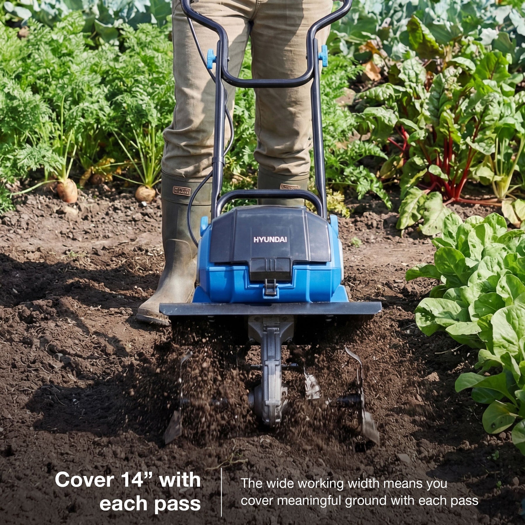 Hyundai 36cm / 14" 40V (20Vx2) Brushless Cordless Tiller, 4 Blades, 205mm Depth | HY40CT36