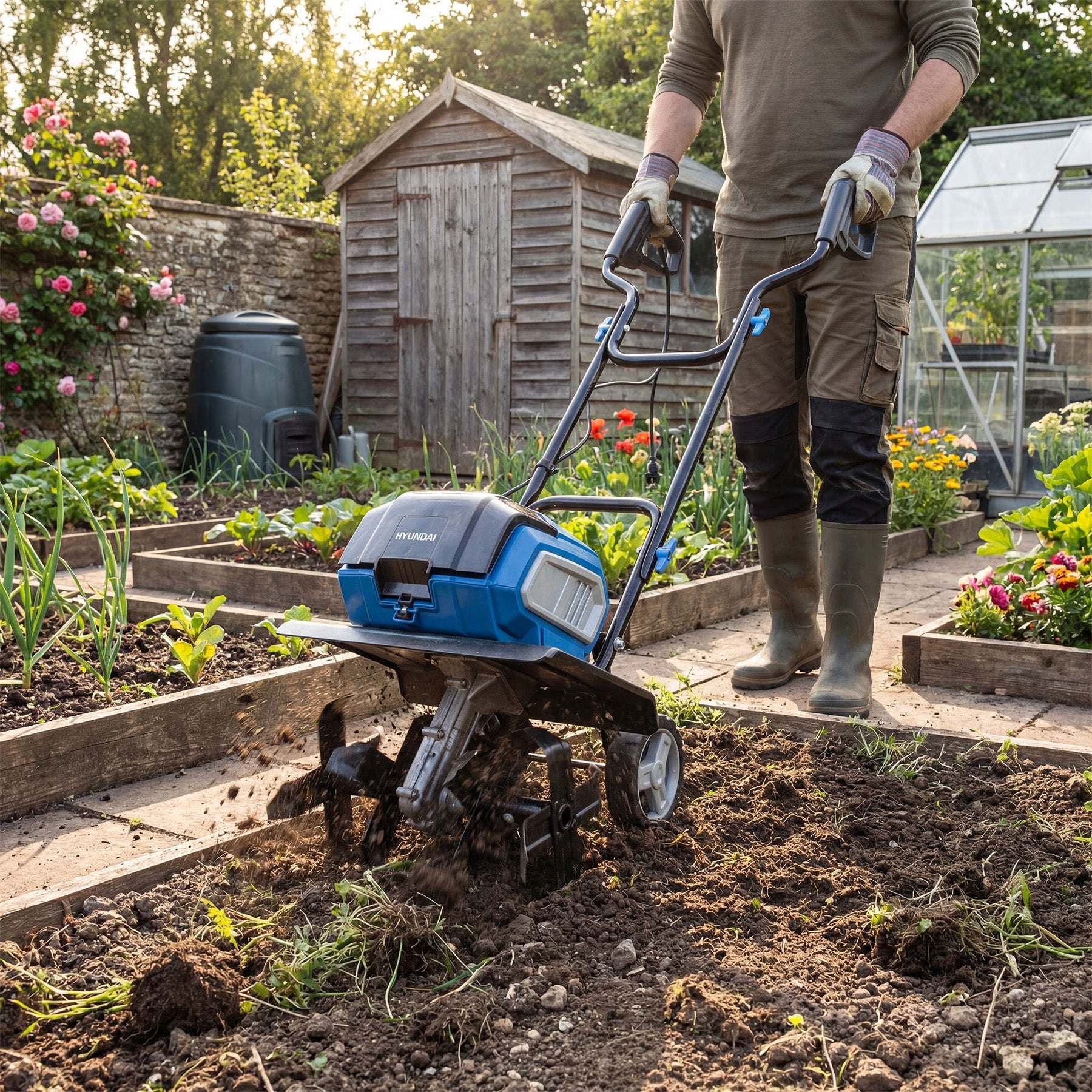Hyundai 36cm / 14" 40V (20Vx2) Brushless Cordless Tiller, 4 Blades, 205mm Depth | HY40CT36