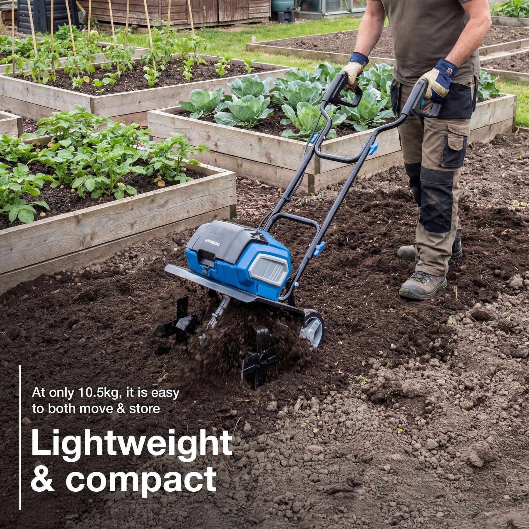 Hyundai 36cm / 14" 40V (20Vx2) Brushless Cordless Tiller, 4 Blades, 205mm Depth | HY40CT36