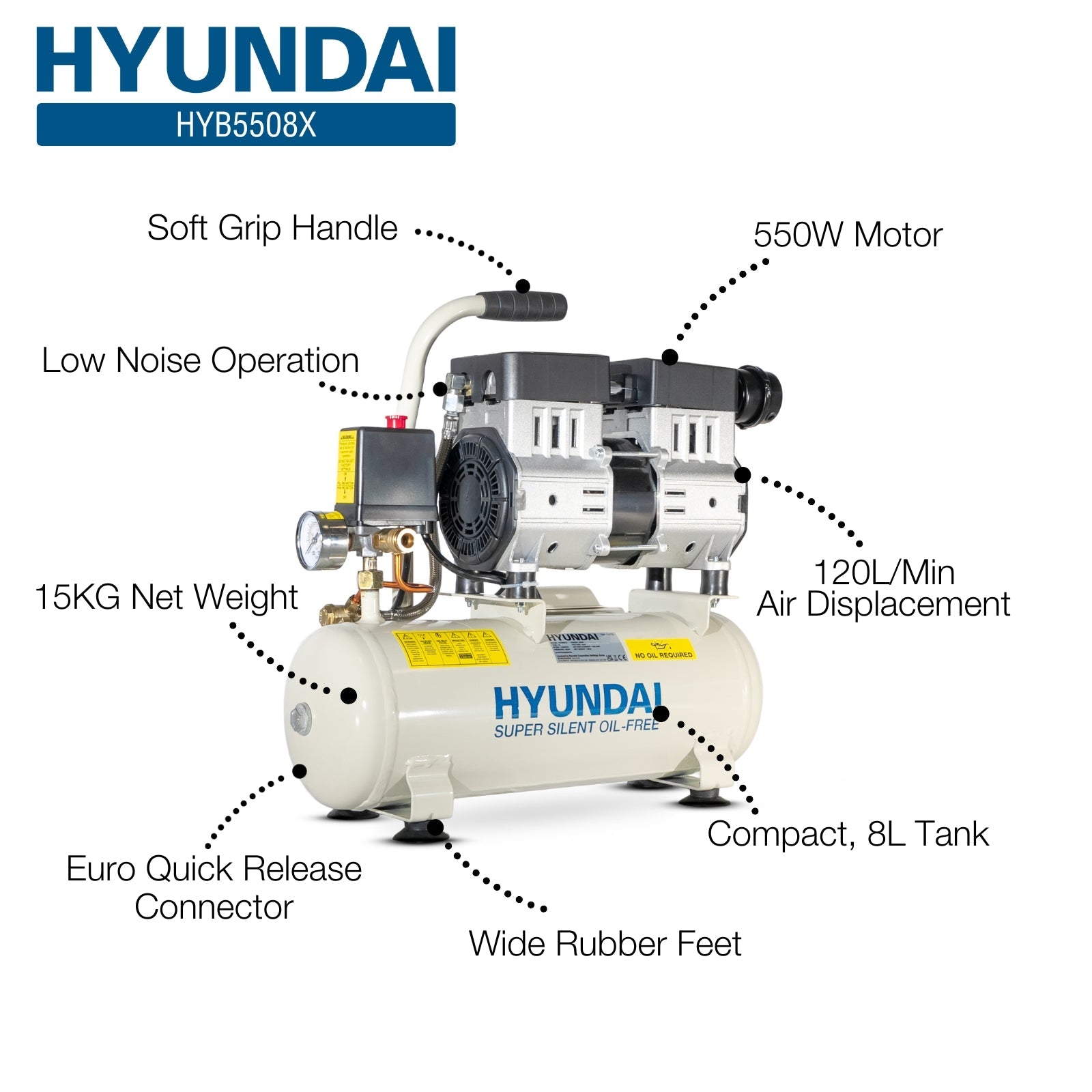 Hyundai 550W / 0.75HP 8L Oil Free Low Noise Portable Air Compressor 4CFM 100psi Direct Drive | HY5508X