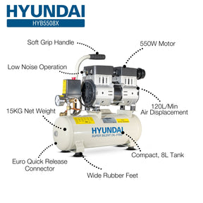 Hyundai 550W / 0.75HP 8L Oil Free Low Noise Portable Air Compressor 4CFM 100psi Direct Drive | HY5508X