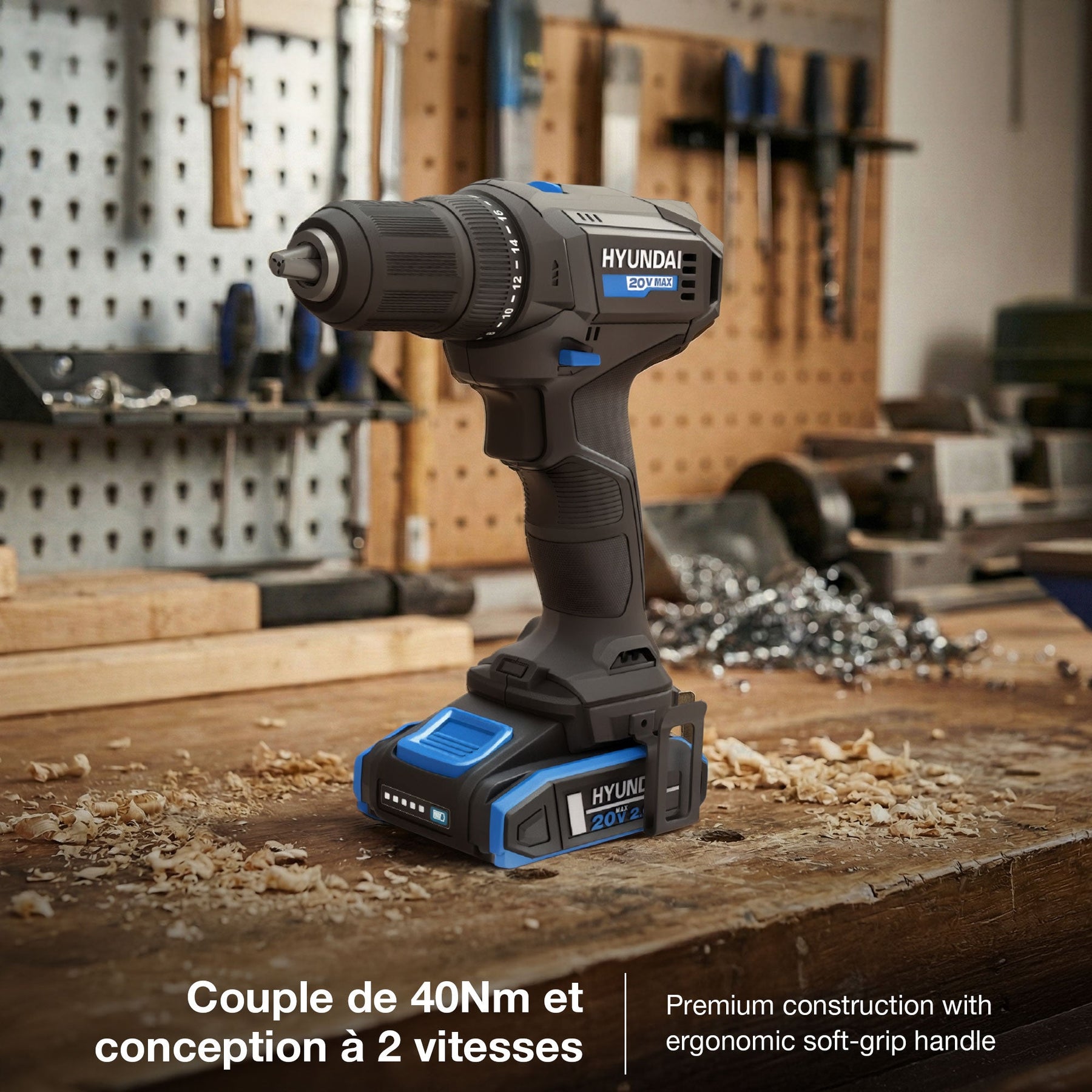 Hyundai 20V 40Nm Cordless Driver Drill, 2Ah Battery and Charger, 2-Speed, LED Light, 13 mm Chuck | DD20S-40TT EU