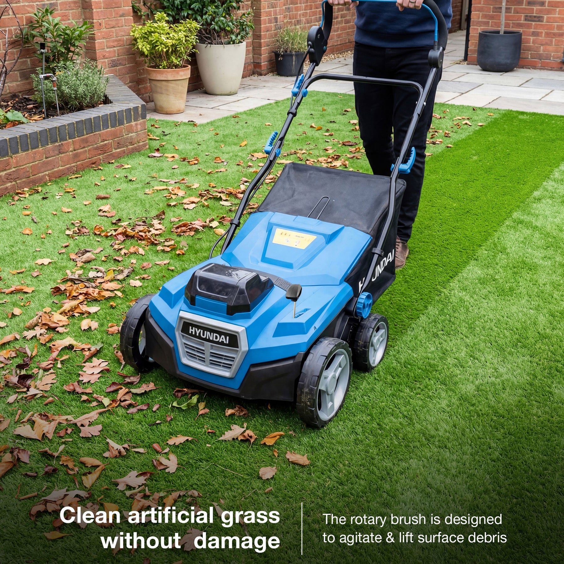 Hyundai 38cm / 15" 40V (2x20V) Cordless Artificial Grass Sweeper Brush, Brushless, 45L Collection Bag | HY40CSW38