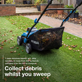 Hyundai 38cm / 15" 40V (2x20V) Cordless Artificial Grass Sweeper Brush, Brushless, 45L Collection Bag | HY40CSW38