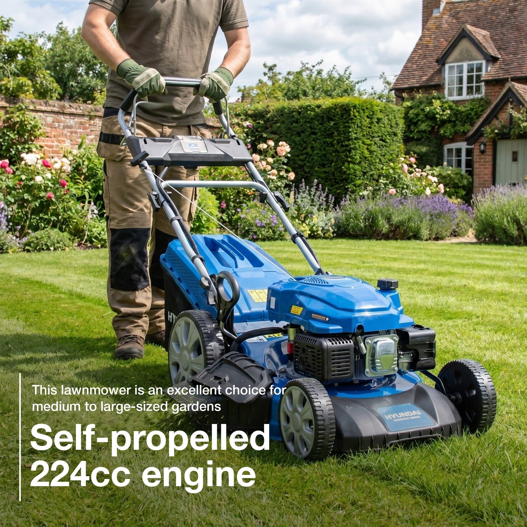 Hyundai 21'' / 53cm 224cc 4-in-1 Electric-Start Self-Propelled Petrol Lawnmower, Mulch, Rear & Side Discharge, Hose Connector | HYM530SPEX