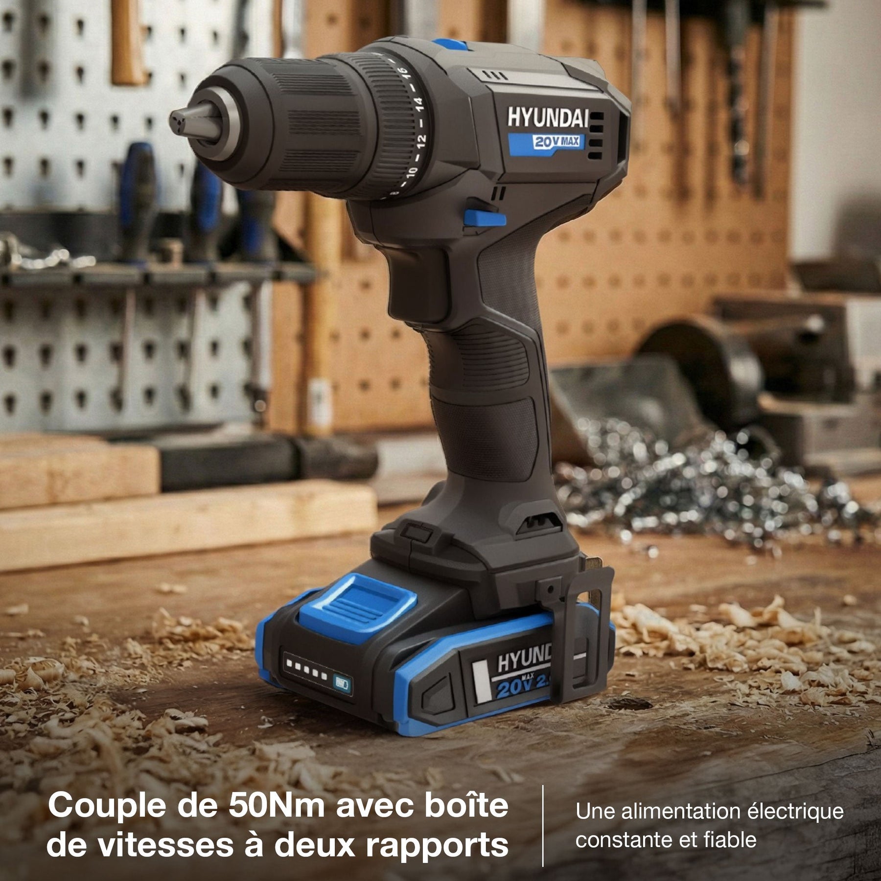 Hyundai 20V 50Nm Cordless Hammer Drill, 2-Speed, 13 mm Chuck LED Light | HD20S-50