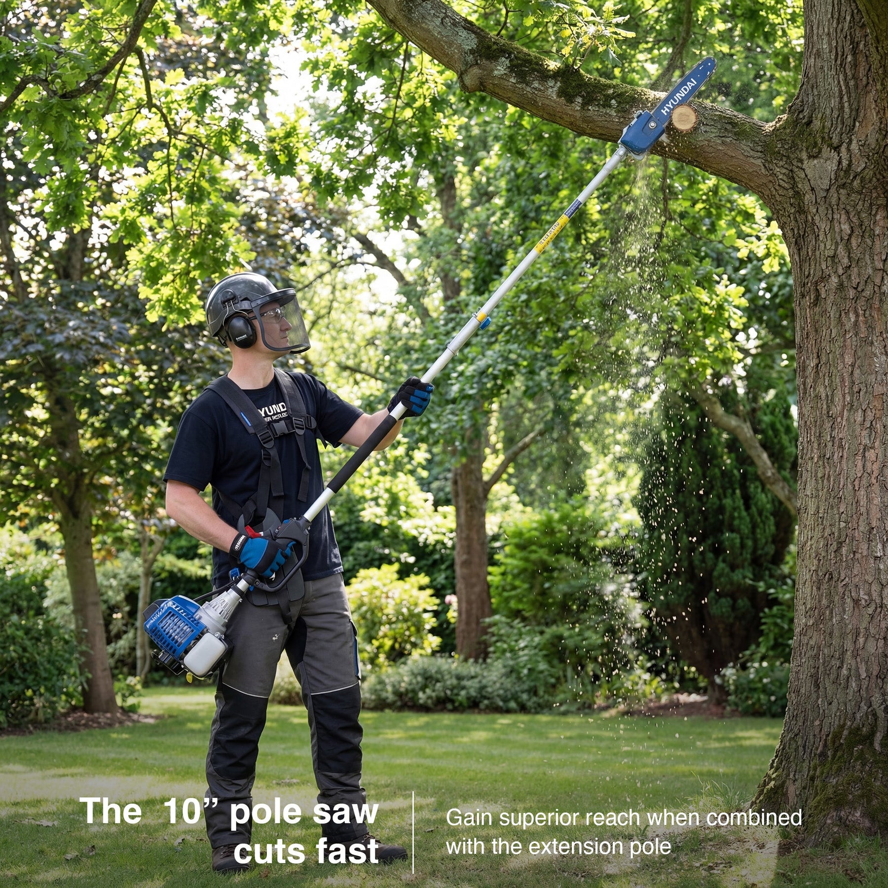 Hyundai 56cc Petrol Garden Multi Tool, 5-in-1 — Grass Trimmer, Brushcutter, Long Reach Hedge Trimmer & Pole Saw | HYMT5600X