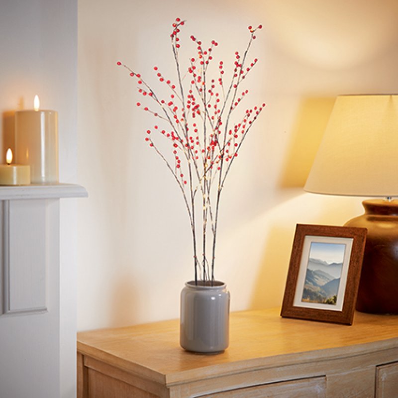 Lit Red Berry Twig 60cm Warm White With 38 LED Lights