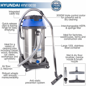 Hyundai 3000W 100L 2-In-1 Wet and Dry Vacuum Cleaner, HEPA Type Filtration | HYVI10030